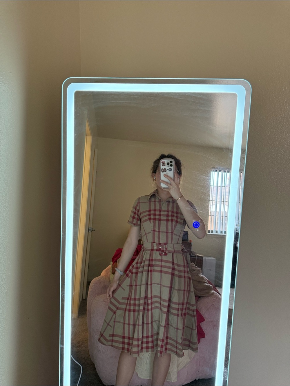 Classic Plaid Shirt Dress with Belt - Beige & Red